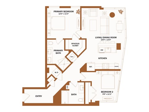 A floor plan of a house with a primary bedroom, living/dining room, kitchen, bathrooms, and an entry.